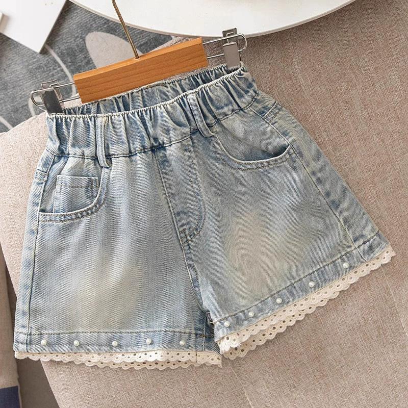 

Girls Denim Shorts Summer Big Children Embroiderers Bow Short Jeans Teenager Casual Loose Pants Kids Fashion Clothing 170