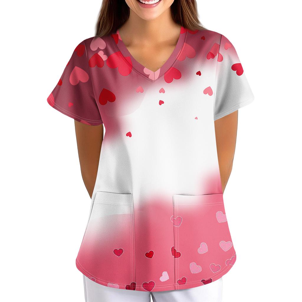 ÜbergrößeBedruckte Kasack Arbeitsuniform Oberteile für Damen V-Ausschnitt mit Überkreuzung Print Kurzarm Lustige T-Shirts Arbeitskleidung T-Shirt mit Taschen