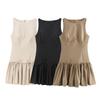 Women Summer Dress Sleeveless Bow Decor Pleated A-line Solid Color Mini Dress Back Zipper Closure