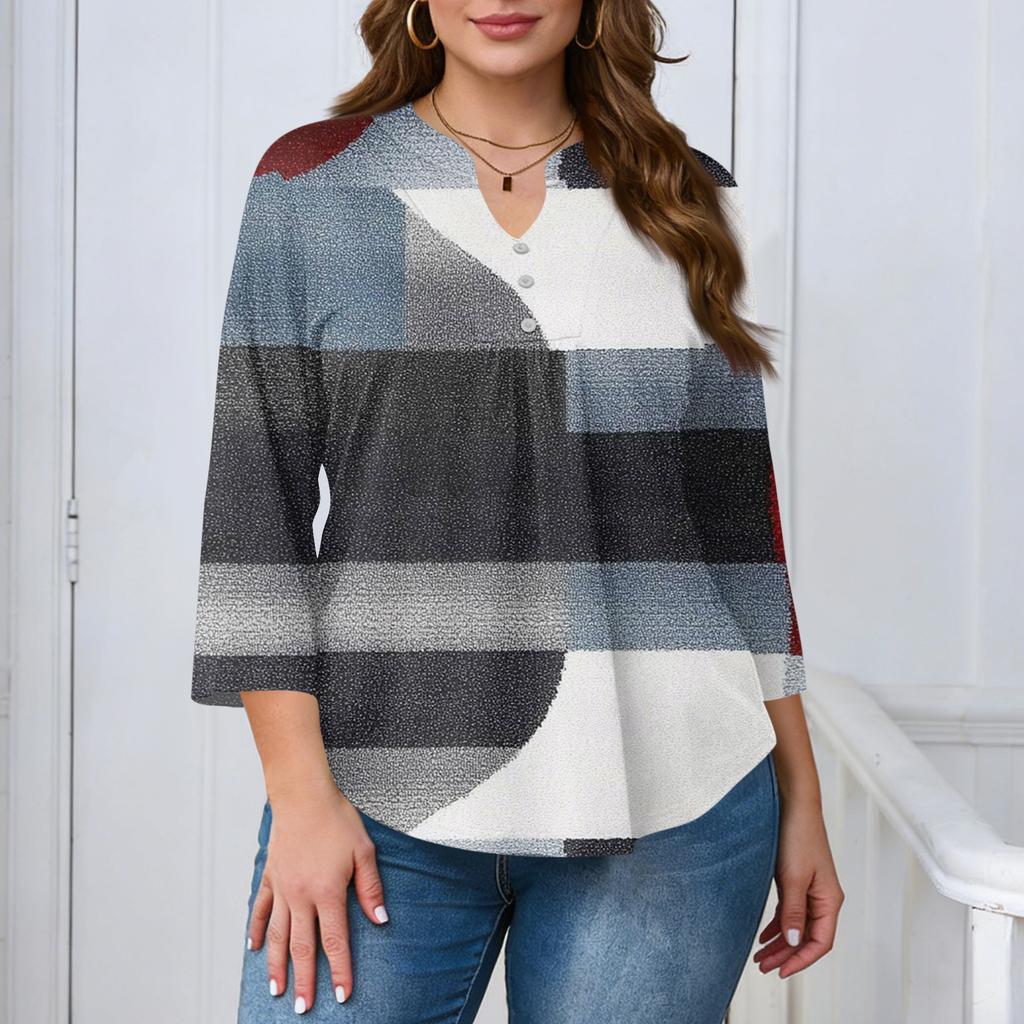 Women's Plus Size Fashionable Casual Loose Fit Three Quarter Sleeve Elegant Button Up V Neck Top