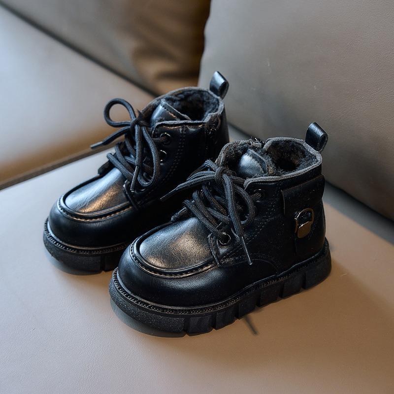 Boys' Stylish Work Boots, Winter Children's Short Boots, Vintage Girls' & Baby Fashion Martin Boots, Thick Fleece-Lined Boots.