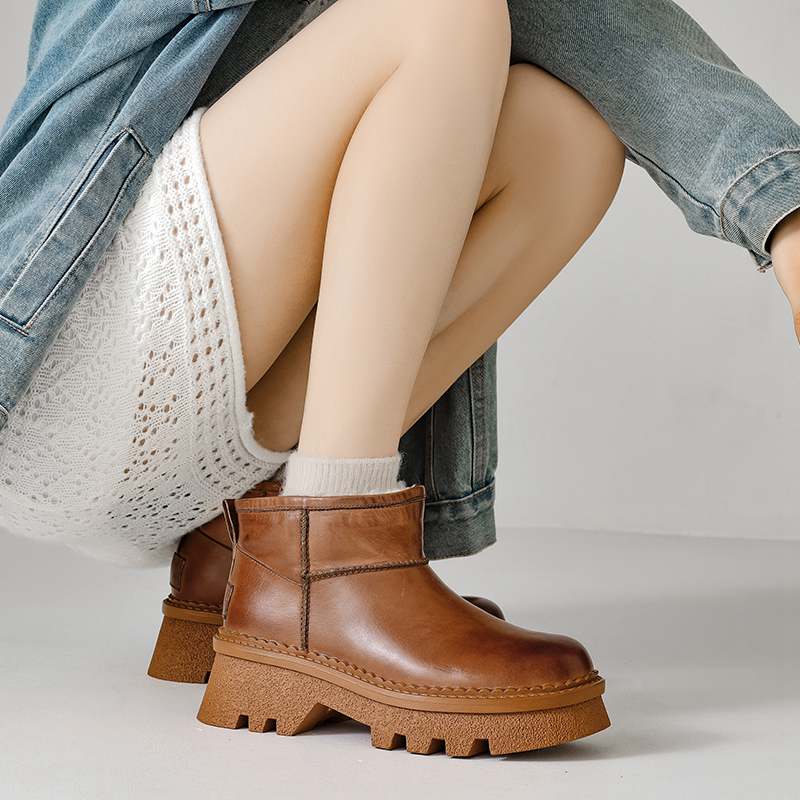 Krazing Pot Skóra Krowia Futro Wełna Zimowe Buty Śniegowce Damskie Utrzymujące Ciepło Wsuwane Europejski Design Odporne na Zimno Botki