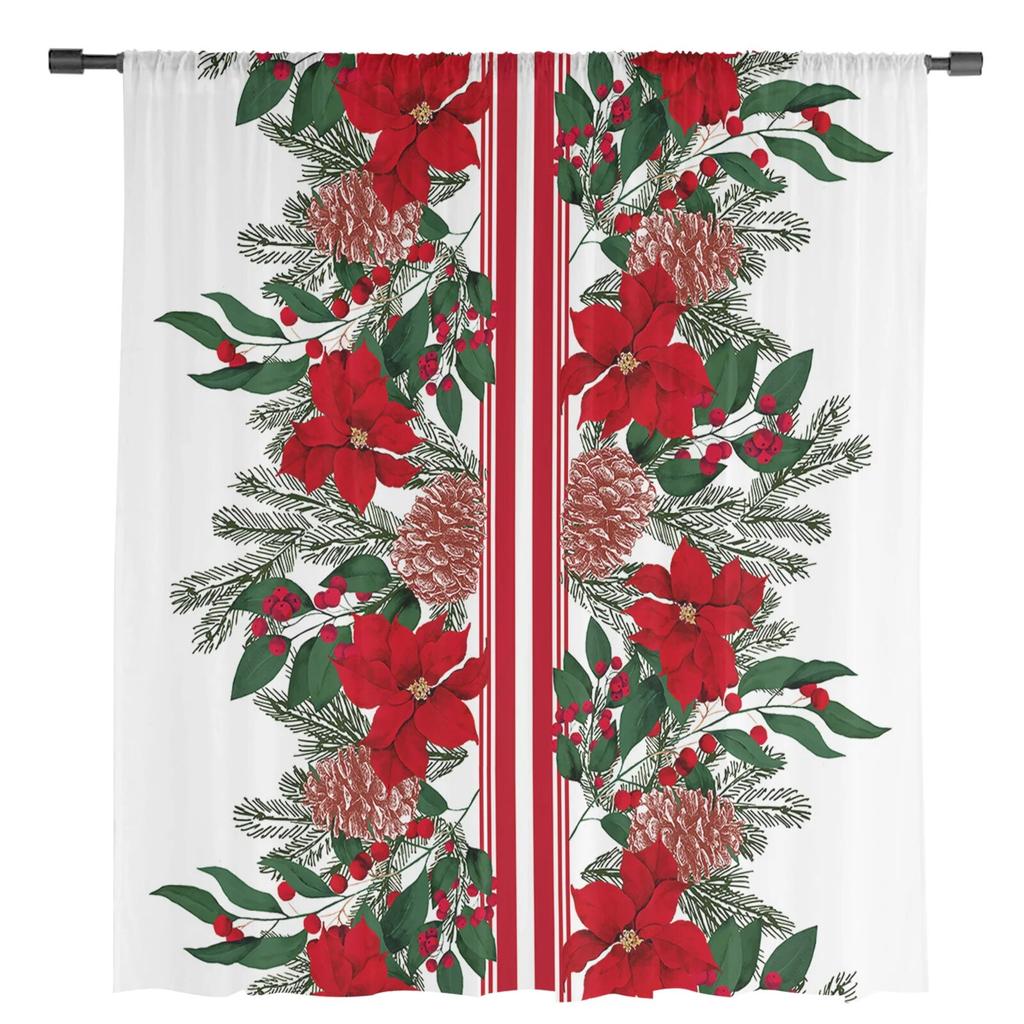 Bożonarodzeniowa Gwiazda Betlejemska Sosnowe Gałązki Przezroczyste Zasłony do Salonu Sypialni Tiulowa Zasłona do Kuchni Zasłona Woalowa Panele Roletowe