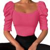 Elastic Women Top Fine Workmanship Cotton Blend Half Puff Sleeve Short T-shirt for Daily
