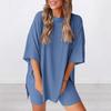 Conjunto de Pijama de Dos Piezas para Mujer con Top Oversize de Manga Corta y Shorts con Bolsillos
