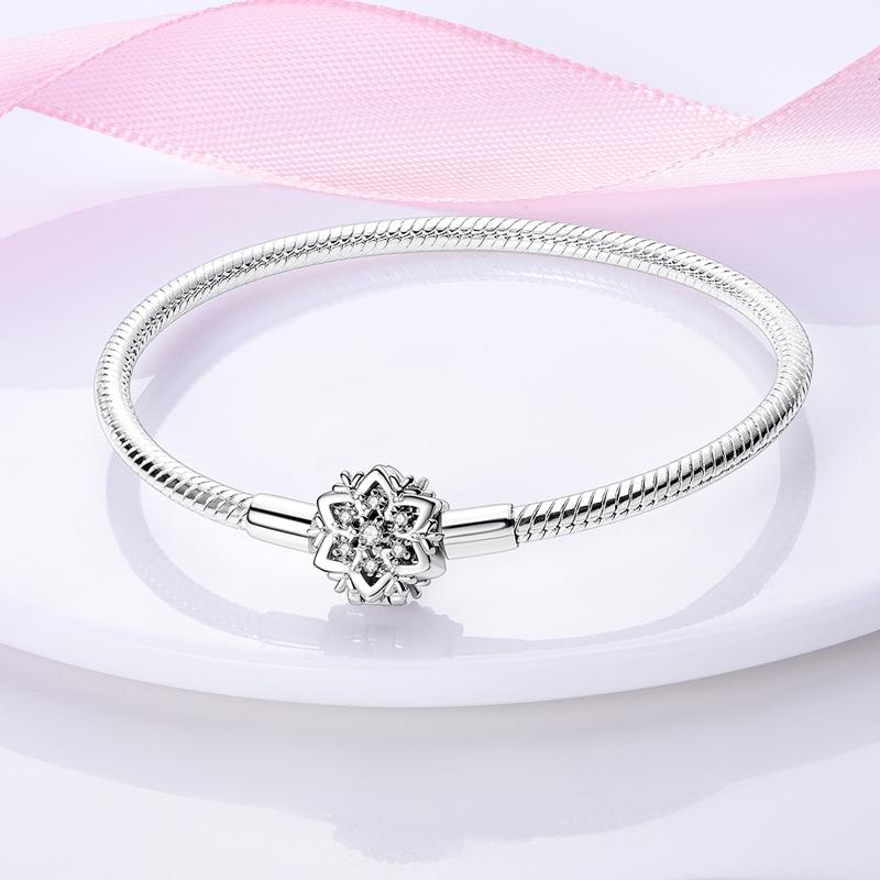 Original Bracelets 925 Silver Snowflake Heart Safety Chain Charms Bead Bracelet For Birthday Wedding Jewelry DIY Making