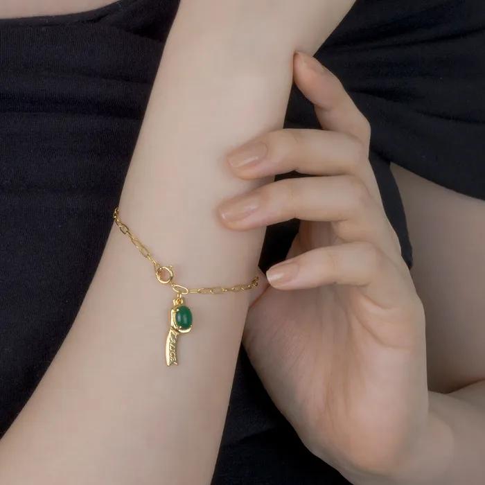 Green Cabochon Oval Chain Tag Bracelet [Green Cabochon Oval Chain Tag Bracelet_3