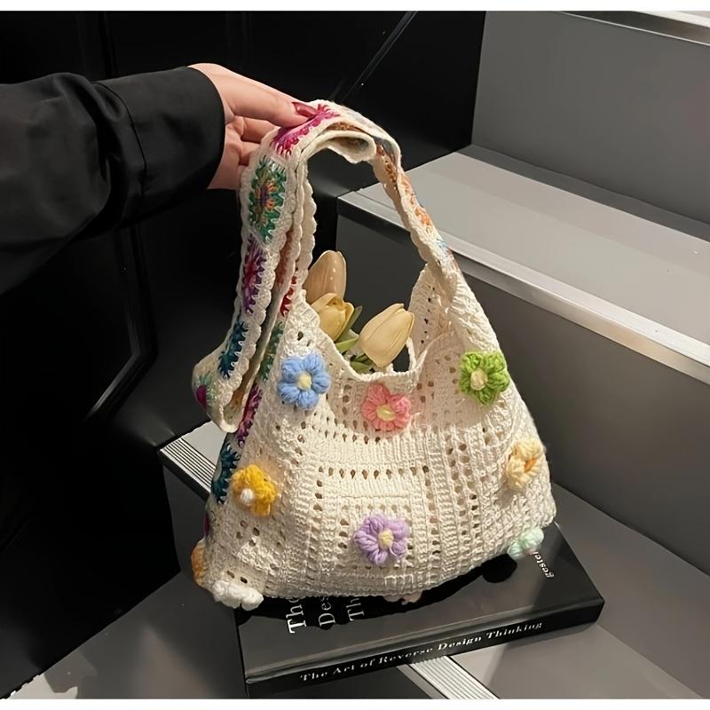 1pc Bohemian Vintage Crochet Floral Crossbody Bag - Beige Fabric, Adjustable Strap, Hand Wash Only, Casual Daily Wallet, Floral Crossbody