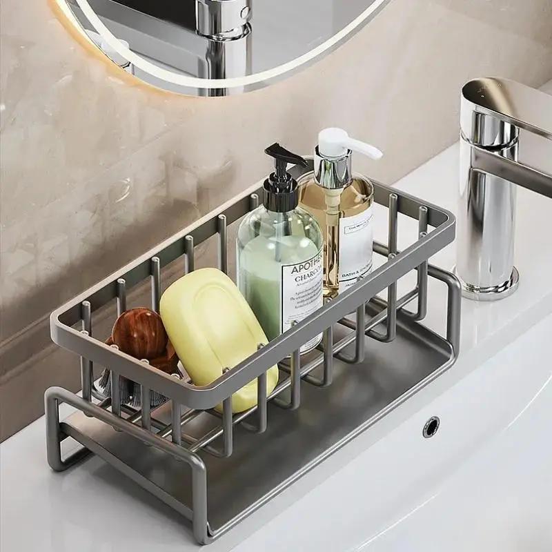 Kitchen Space Aluminum Sink Drain Rack Sponge Storage Faucet Holder Soap Drainer Shelf Basket Organizer Bathroom Accessories