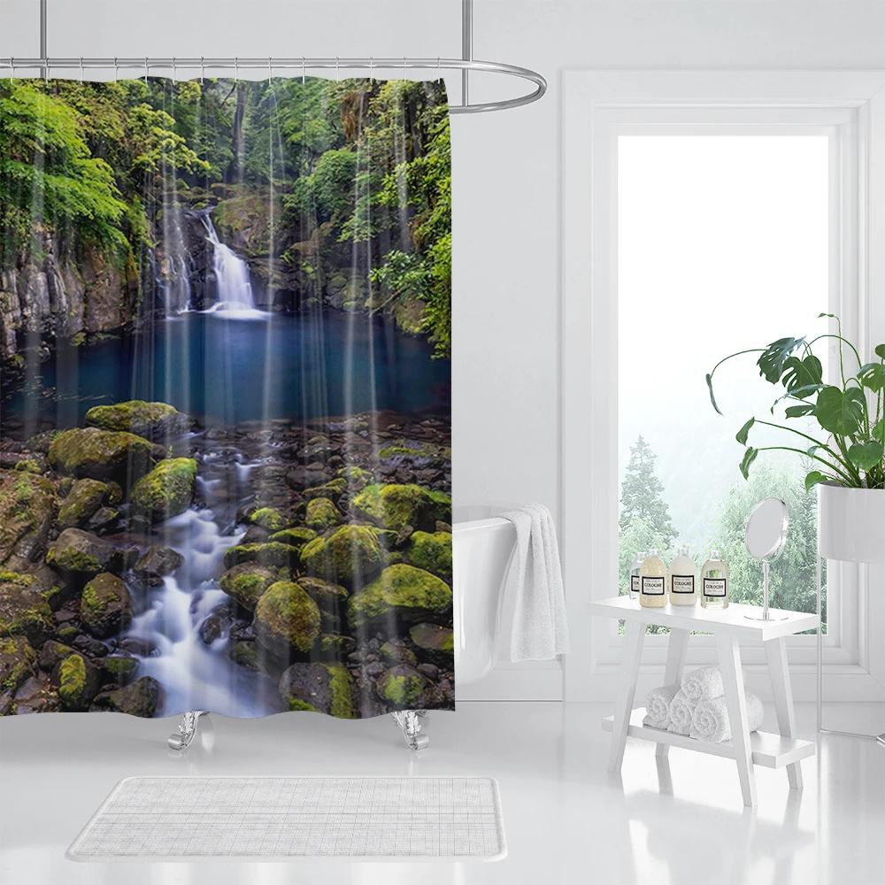 Forest Waterfall Shower Curtain Tropical Rainforest Palm Jungle Tree Green Leaves Plants Scenery Bathroom Decor Set With Hooks