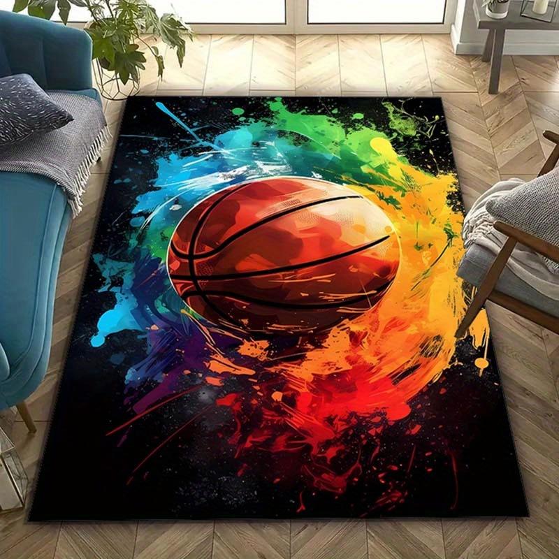 Vibrant Basketball Print Area Rug - Non-Slip Polyester Carpet for Bedroom & Living Room Decor, Crystal Velvet, Modern Home Decor Mat with Bo 80cm x 120cm