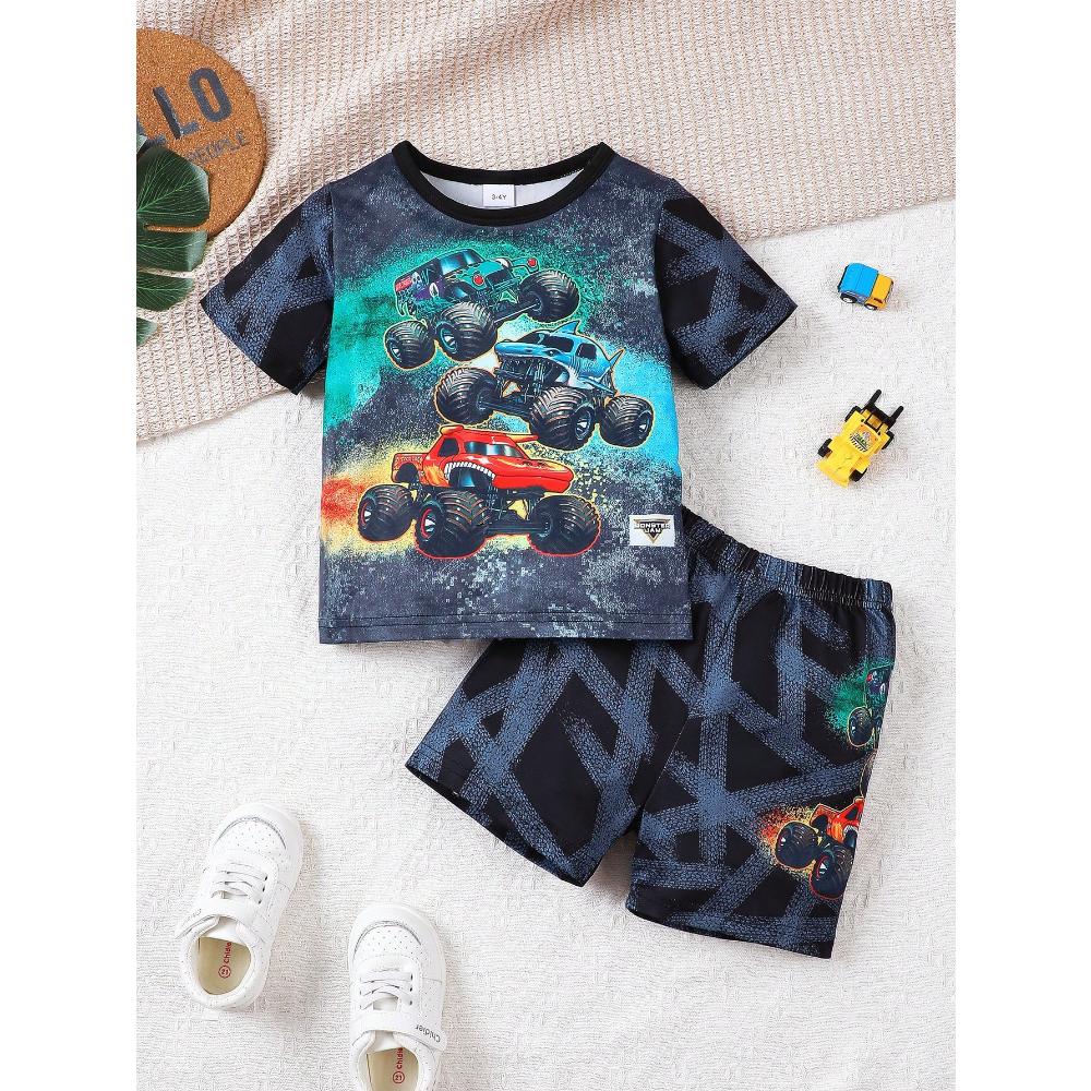 Boys Summer Clothing - Cartoon Car Print Short Sleeve Top and Shorts, Stylish, Casual, Comfortable