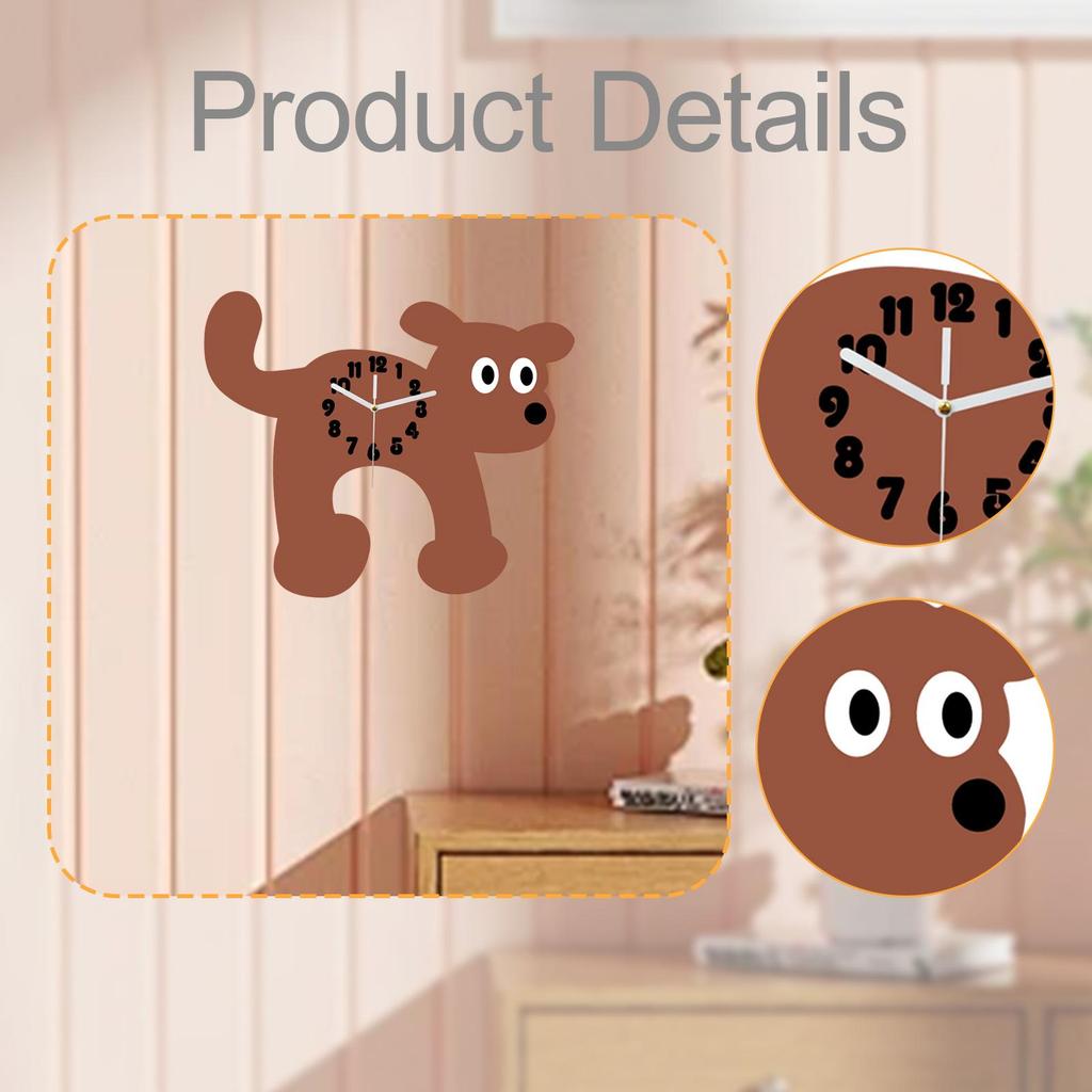 Cute Dog Wall Clock Acrylic Non Ticking Silent Cartoon Room Clock for Kids Nursery and Living Spaces