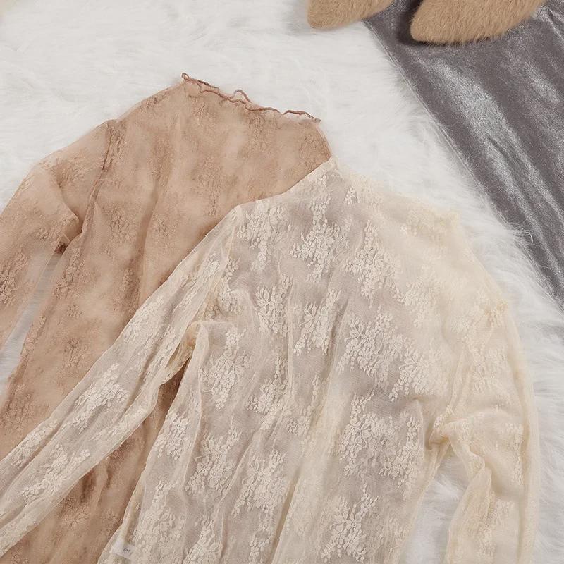 Four Seasons Lace Mesh Semi-High Neck See-Through Long Sleeve Korean-Style Blouse