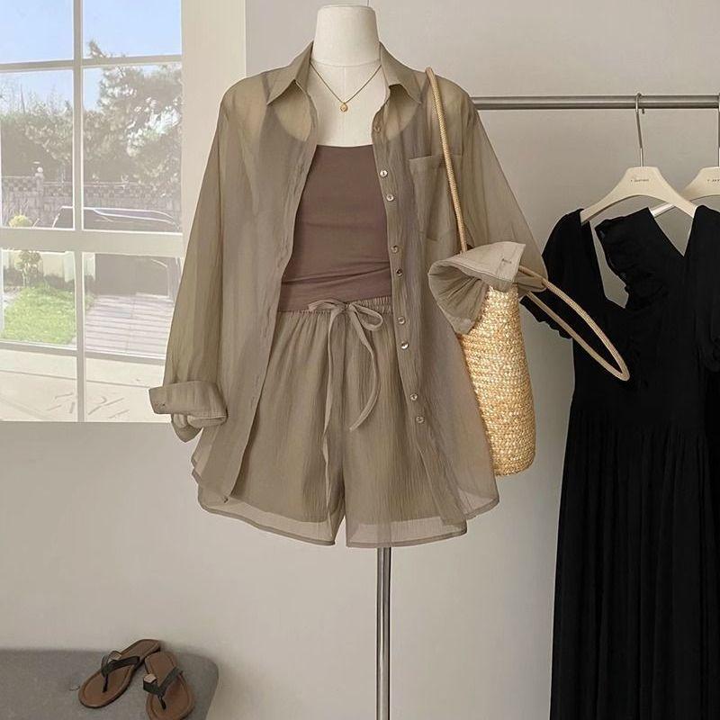 

Thin Type Sunscreen Shirt Tops + Figure Flattering Camisole + Loose Versatile Shorts Ladies Three-Piece Set Inner + shirt + shorts S