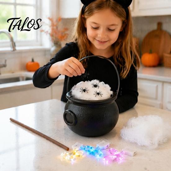 Akcesoria do dekoracji imprezowych Rozświetlany Kociołek Czarownicy Zestaw DIY, Halloweenowy Świecący Czarny Plastikowy Misek ze Pająkami, Prezent Świąteczny dla Dzieci Straszliwe Hokus Pokus