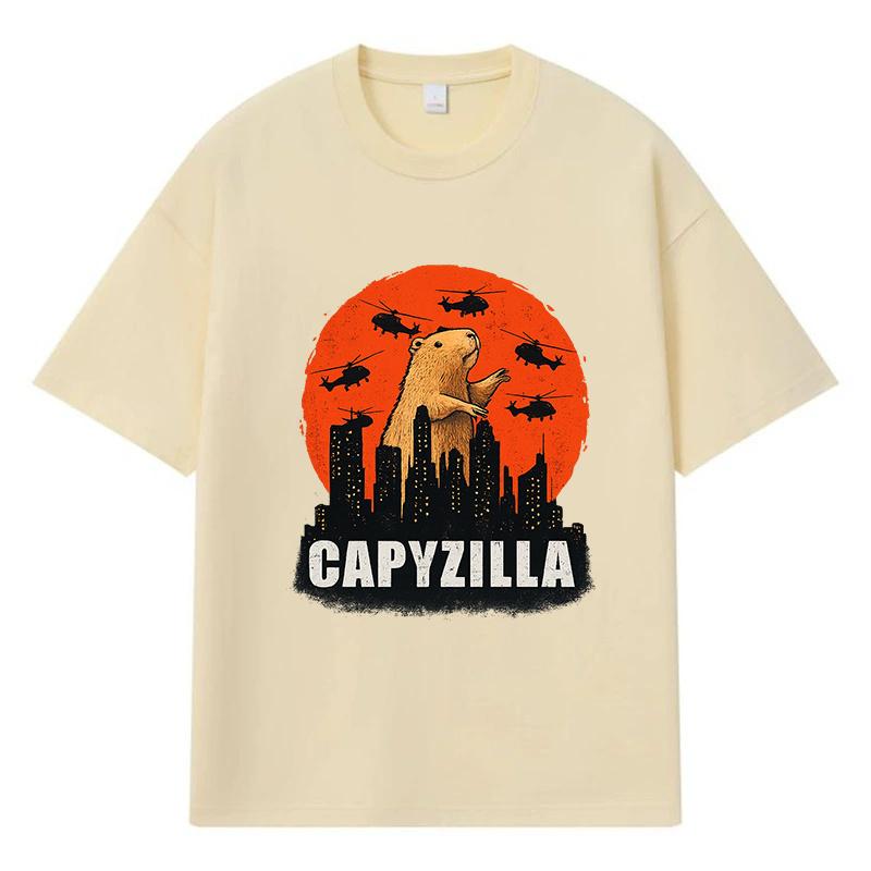 2026 Capybara Standing On Buildings Helicopters Flying Around Graphic Y2k Harajuku Streetwear 100% Cotton T Shirt Casual Oversized Summer Men T-shirt
