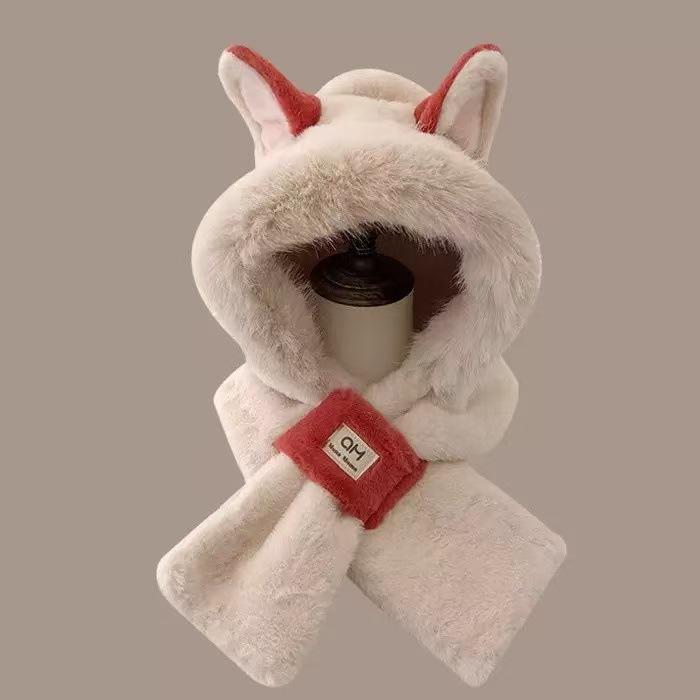 Women's Winter Plush Fox Hat & Scarf Combo - Warm, Trendy, and Versatile Hooded Design