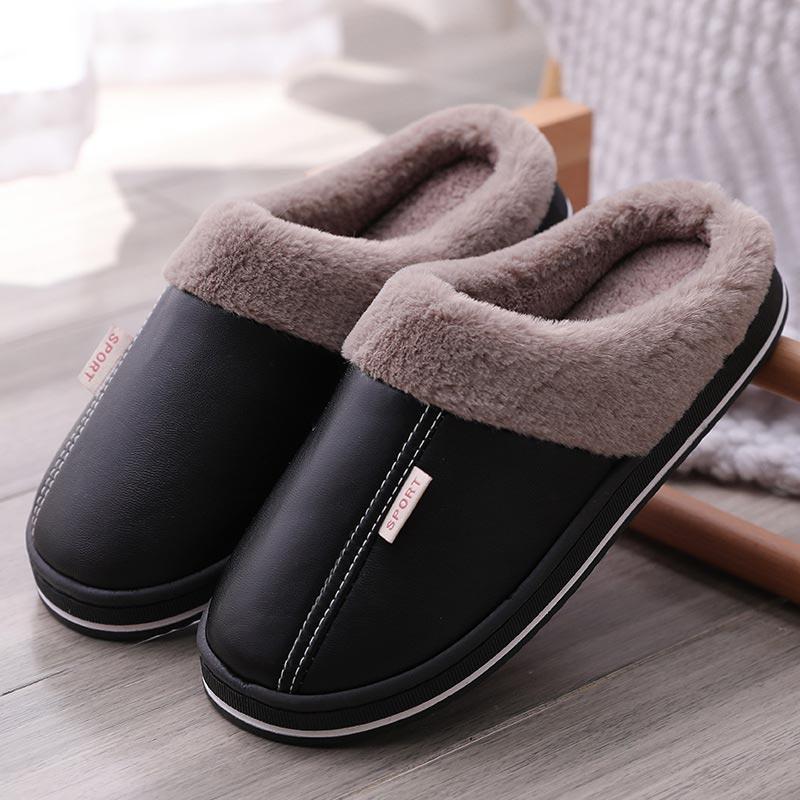 Women S Slippers Indoor Warm Slippers Non-Slip Winter Ladies Leather Slippers Antifouling Couple Home Short Plush Flate Shoes 36