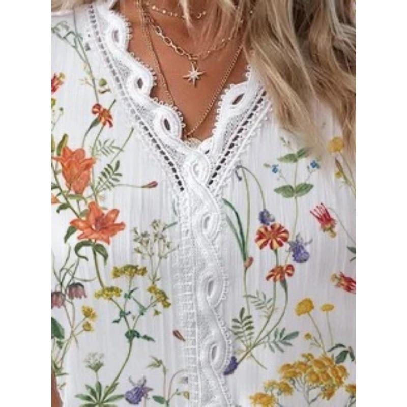 Summer V-neck Lace Printed Blouse Lace Patchwork Shirt Fashion Women Casual Short Sleeve Tops Ladies Shirt For Women 28628