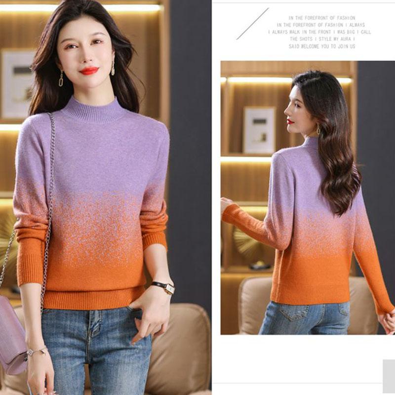 Women's Crew Neck Sweater Autumn and Winter Gradient Knit Pullover Loose Thick Knit Top