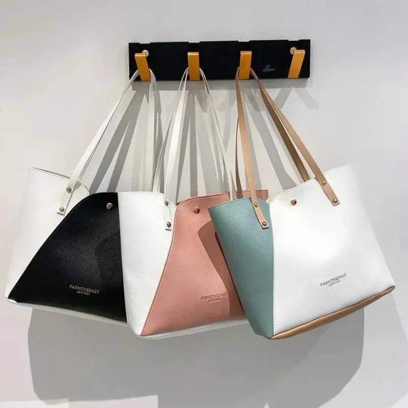 Women Pu Leather Ladies Purses and Shopping Bag Casual Large Capacity Patchwork Bag Hot Stamped Contrast Color Shoulder Bags