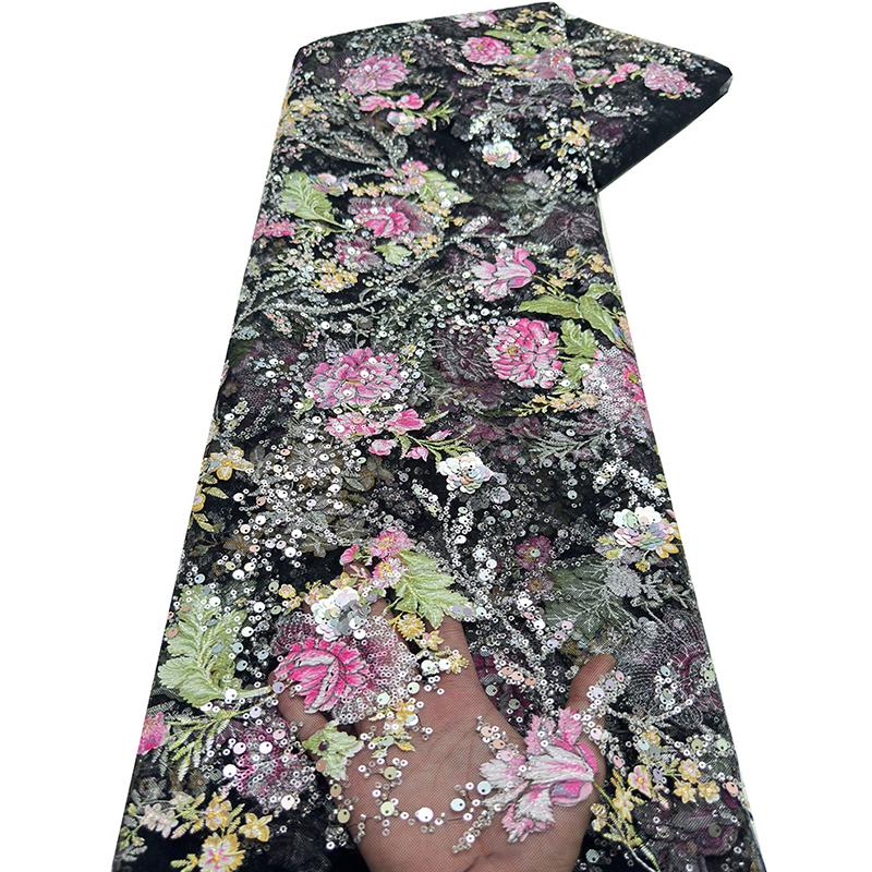 120x90cm African Nigerian Tulle Mesh Lace Fabrics Embroidery Sequins Lace Fabric Wedding Dress Party Dress Beaded Lace Fabric