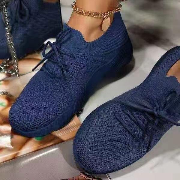 Large Size Women's Shoes Sports Shoes Women's Lace-up Mesh Thick-soled Casual Flying Woven Shoes Breathable Low-heeled Shoes