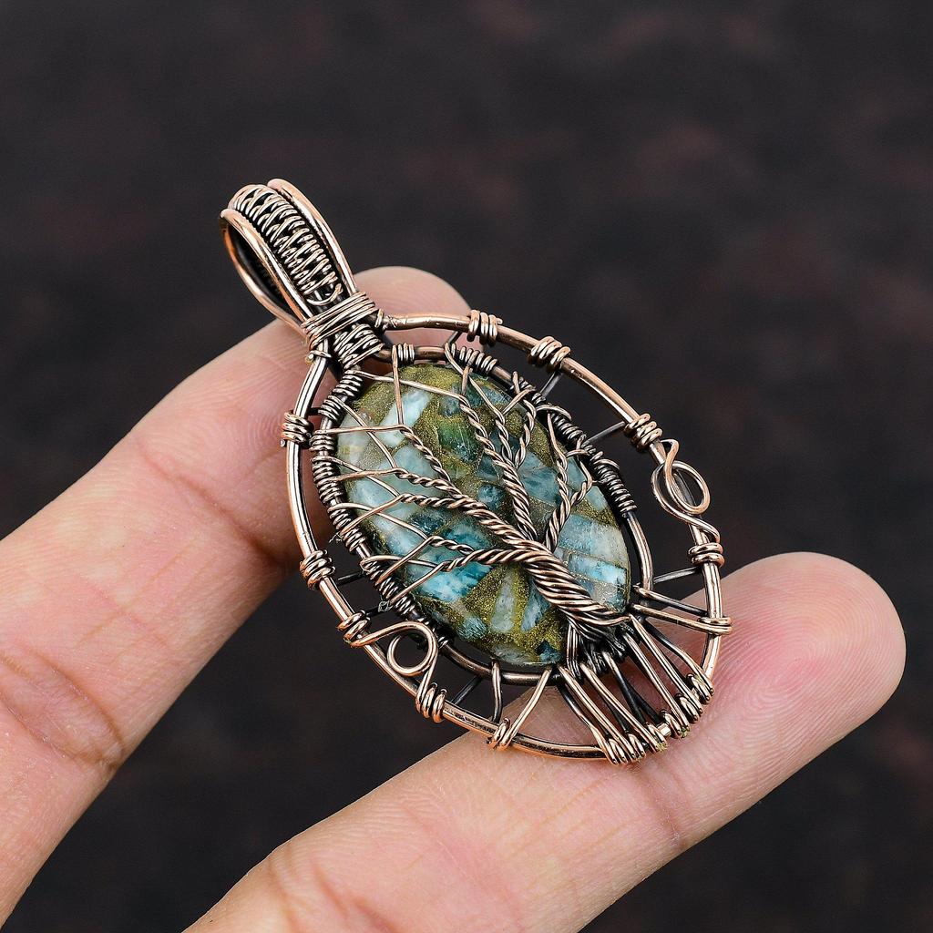 Tree Of Life Copper Amazonite Pendant Copper Wire Wrapped Pendant Gemstone Jewelry Designer Pendant Handmade Copper Jewelry Gift For Mother