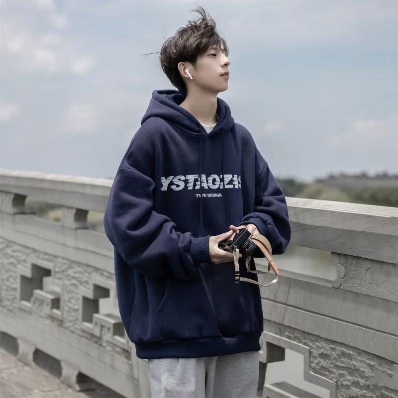 Men's Autumn/Winter Loose-Fit Fleece Hoodie: Hong Kong-Style, Japanese-Trendy, Korean-Influenced Pullover