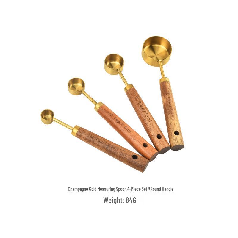 Gold-Plated Stainless Steel Measuring Cups & Spoons Set with Acacia Wood Handles – 8 Pieces