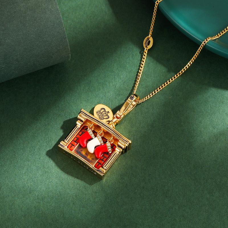 Elegante Retro Emaille Kamin Strumpf Anhänger Halskette – Ein Schöner Schmuck und Weihnachtsgeschenk