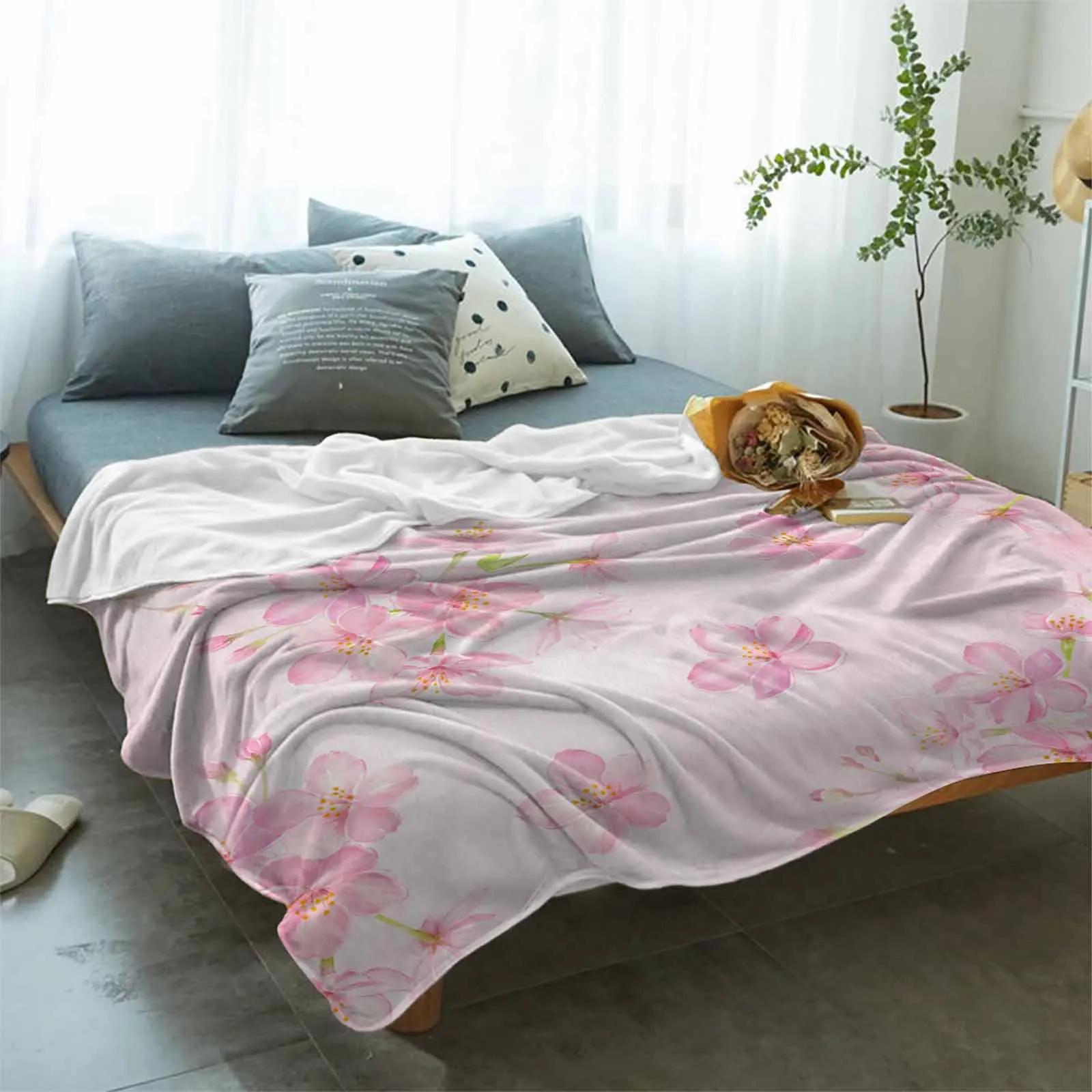 Watercolor Cherry Blossom Flower Blankets Portable Soft Throw Blanket for Bed Office Bedspread Home Decor Flannel Blanket 100cmx150cm