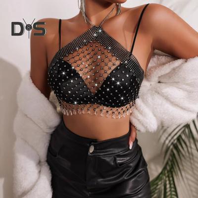 Sexy Halter Tops Sleeveless Backless Cropped Tops Hollow Fishnet Shiny Rhinestones Inlaid Perspective Neck Strap Top