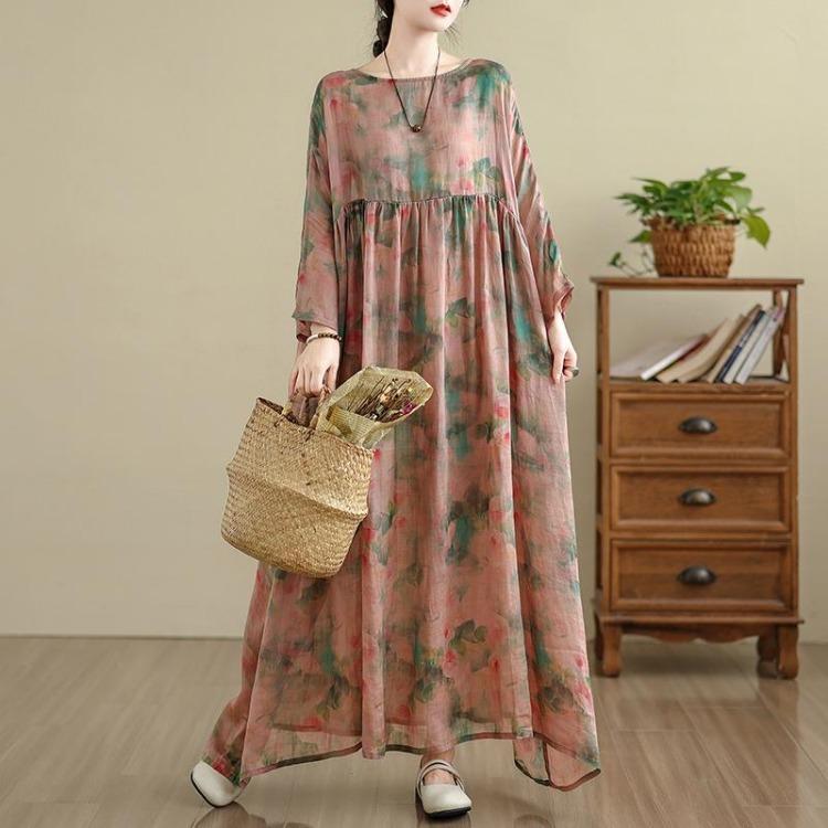 Vintage Floral Print Long Sleeve Maxi Dress for Women Plus Size Oversize Loose Casual Spring Basic Long Dress