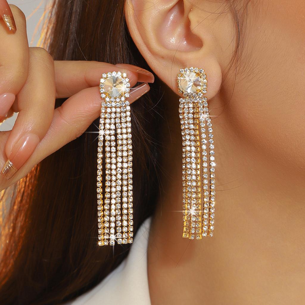 High-end sparkling rhinestones Long fringed earrings, slightly zircon earrings, copper earrings