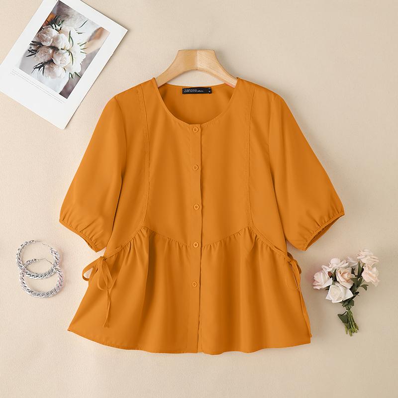 

ZANZEA Женская повседневная свободная блузка с круглым вырезом и короткими рукавами S оранжевый