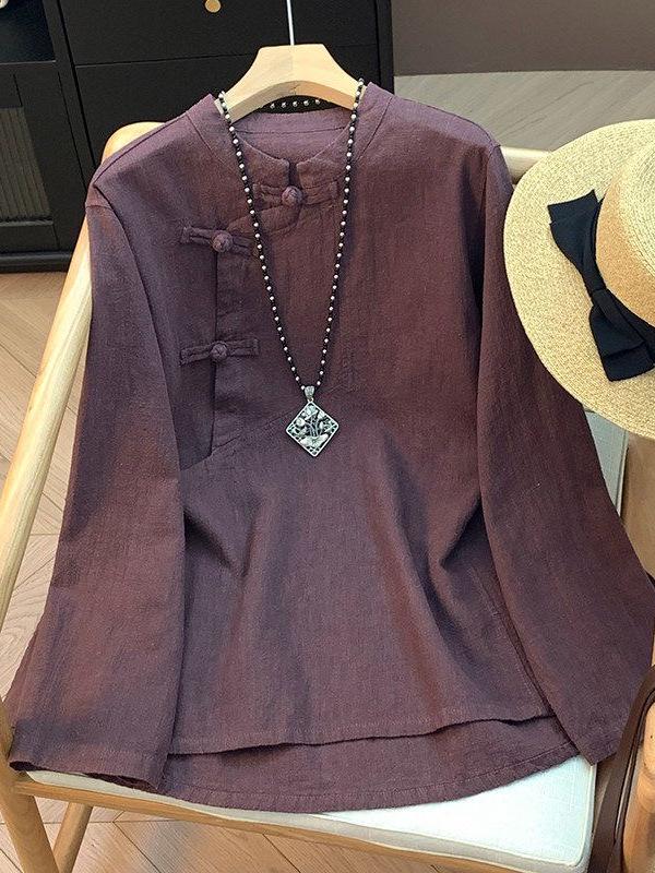 T-shirt da Donna Retro in Cotone e Lino con Bottoni a Rana e Collo Alto - Manica Lunga Estiva, Vestibilità Ampia Modellante, Taglie Forti.