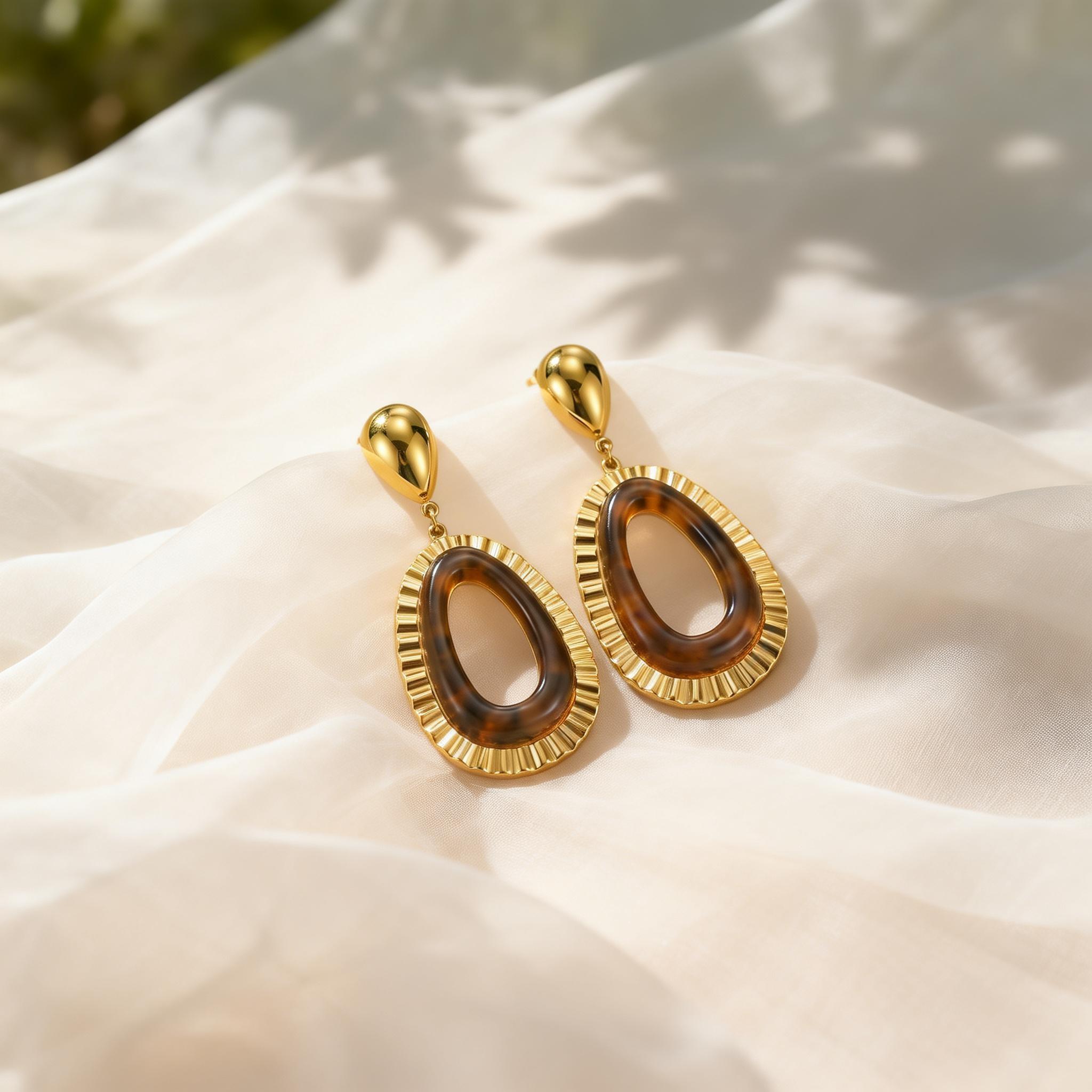 

Resin Amber Hollow Water Drop Dangle Earrings Fashion 18K Gold Plated Waterproof Stainless Steel Piercing Ear Jewelry for Women