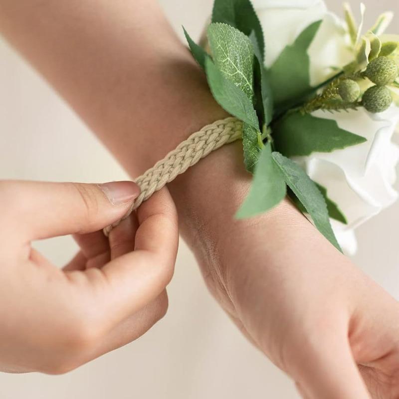 Valentine's Day Rose Wrist Corsage for Bride Groom Prom Wedding Artificial Silk Flowers Adjustable Wristband Artificial Flowers
