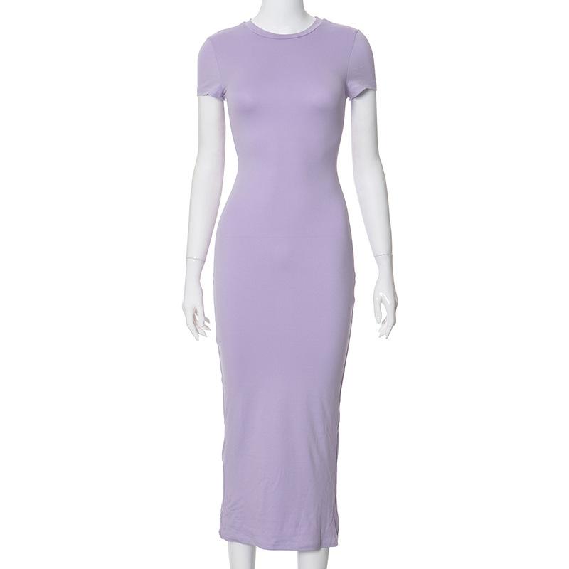 2024 Summer High Waist Long Dress For Women Short Sleeve Slim O Neck Basic Dresses Female Party Temperament Evening Elegant Solid Dress Femme