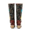 Johnature Handmade Color Printing Splice Flower Belt Buckle Comfortable Thick Heel Women Mid-calf Boots