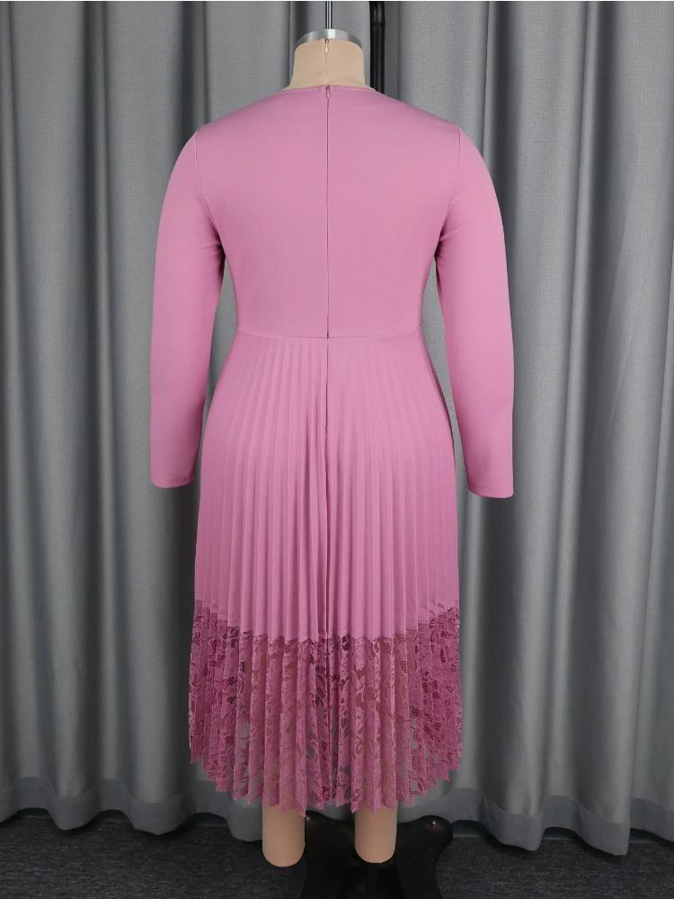 Elegant Women A Line Pleated Midi Dress V Neck Long Sleeve 3D Flower Sashes Patchwork Lace Church Party Autum Occasion Plus Size