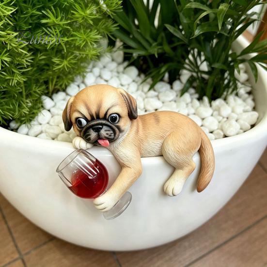 Creative Planter Edge Decor Lying Pug Statue for Planter, Dog Figurine with Red Wine Tabletop Animal Ornament Glass, Cute Resin Flower Pot Decoration