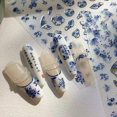 Blå Vit Porslin Kinesisk Stil Klistermärke 3D Självhäftande Nail Art Klistermärke Blomma Silverbaksida Självhäftande Manikyr Dekal Salong DIY