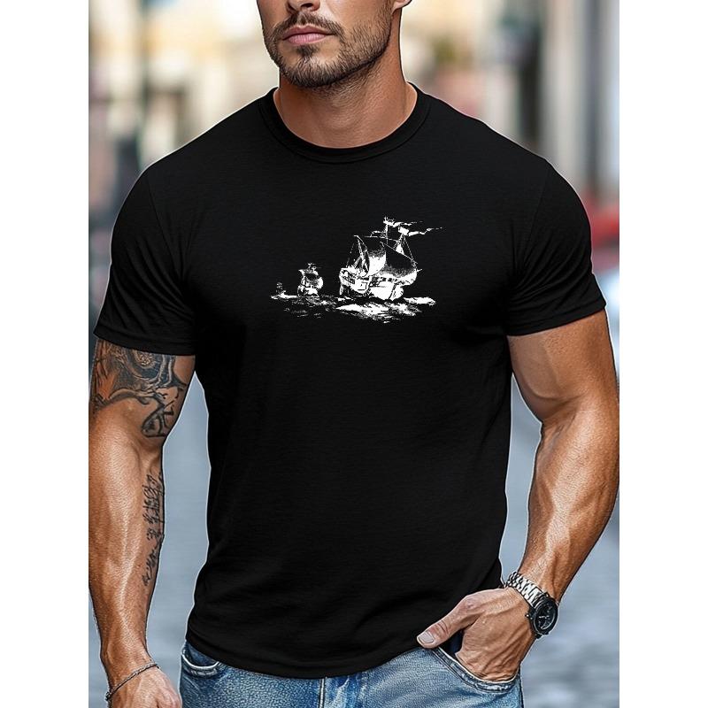 Men's T-shirt, Simple and Clean, Relaxed and Casual, Men's Sailboat Pattern Summer Casual Crew Neck Short-sleeve T-shirt, PLUS SIZE