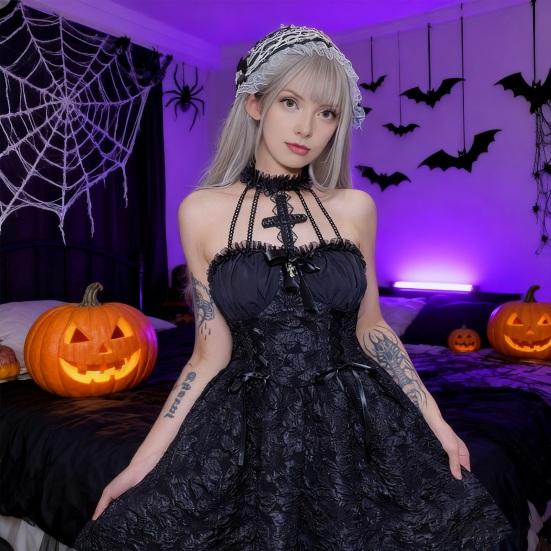 Women's Sleeveless Gothic Lace Dress Vintage Corset Halter Swing Cocktail Dress Victorian Style Black Lolita Punk Dress