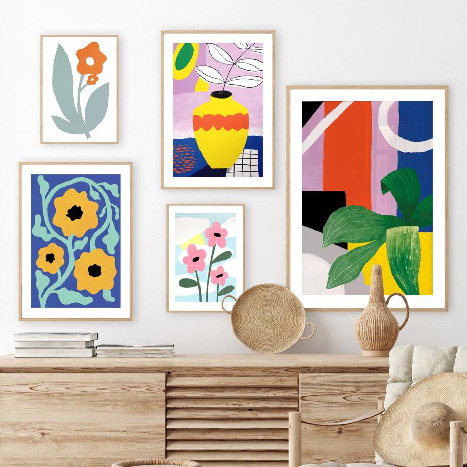 Retro Flowers Vase Leaves Gallery Colorful Funky Poster And Prints Wall Art Canvas Painting Wall Pictures For Living Room Decor