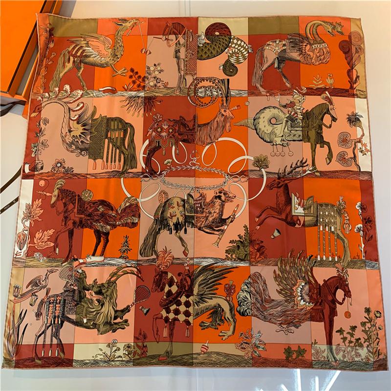 Luxury  Twill Silk Large Scarf Women Handmade Curling Horse Rider Animal Female Twill Square Shawl Fashionbelt Squarescarve