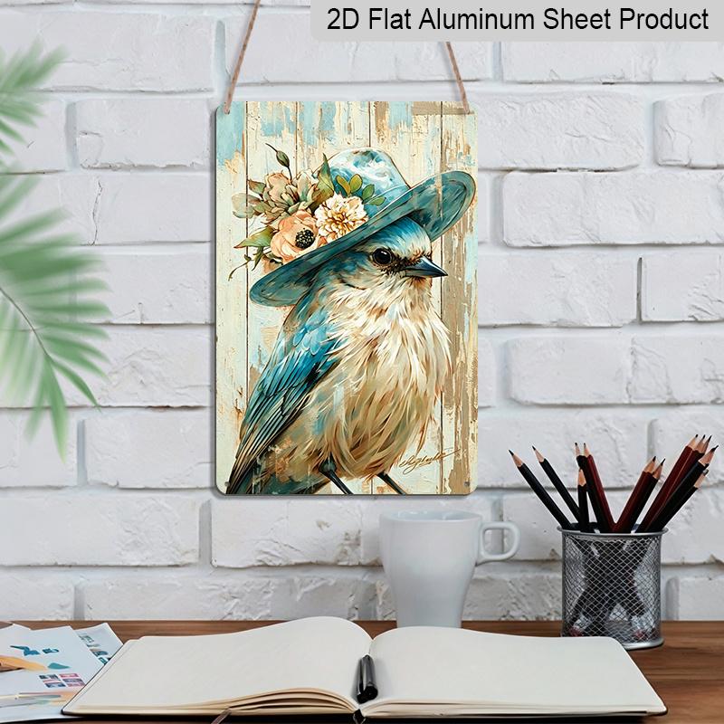 2D Flat - 1pc Vintage Blue Bird with Floral Hat Aluminum Sign - Shabby Chic Wall Decor, Farmhouse Kitchen & Dining Room Wall, Shabby Chic Living Room